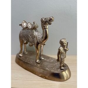 Vintage Brass Camel and Rider Figurine Desk Decor Arabian Camel Caravan Scene